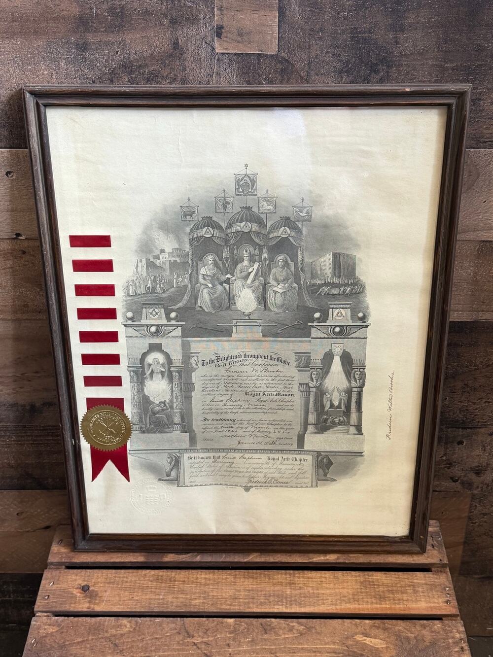 Antique Framed Masonic Royal Arch Certificate -16”x20”